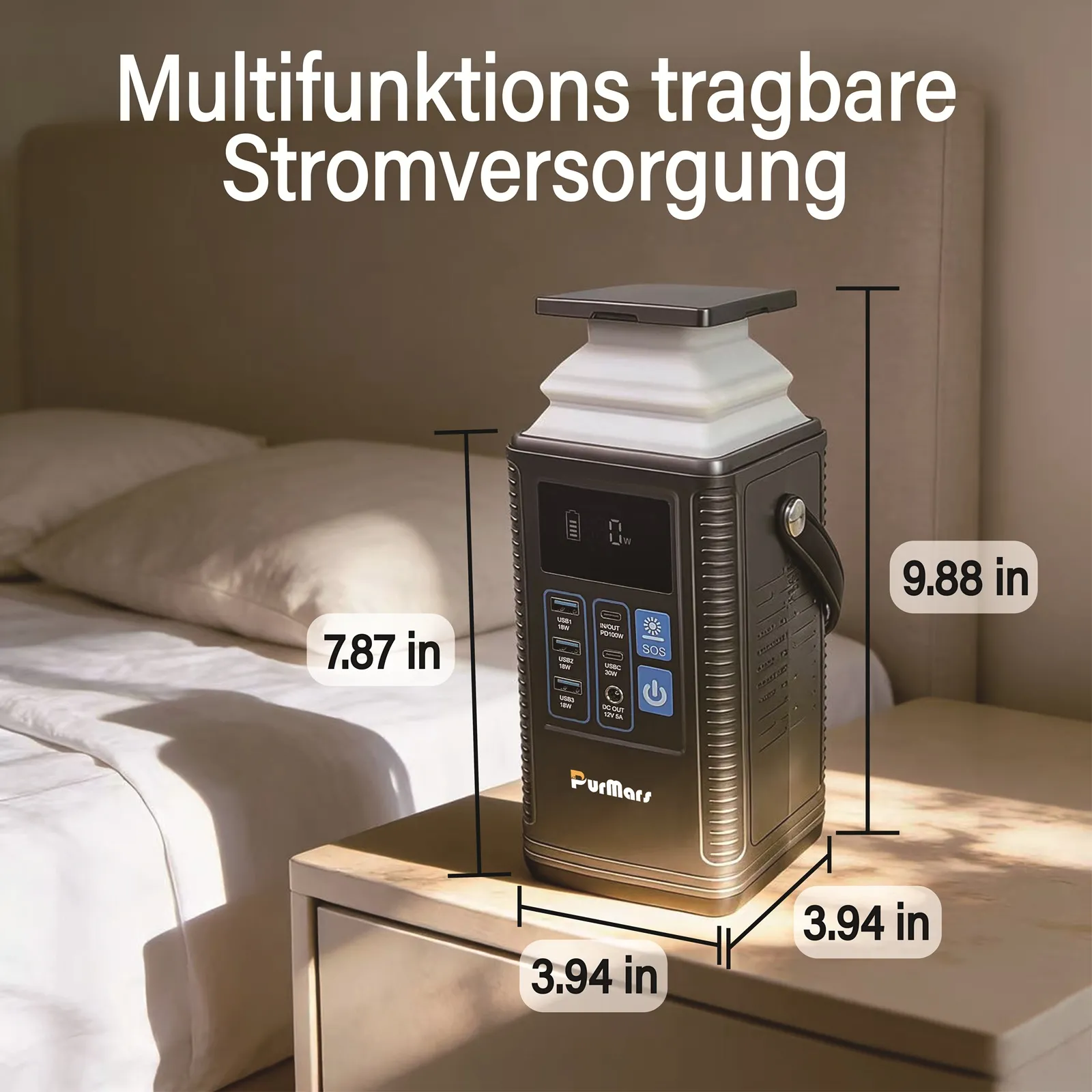 Diagramm der Abmessungen einer tragbaren Powerstation